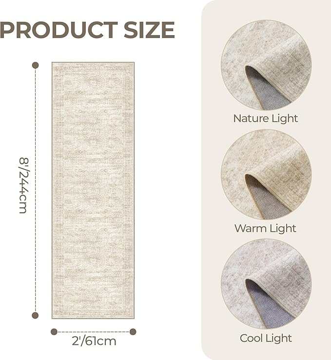 Rug Runners for Hallways Non Slip - 2x8 Runner Rug for Bedroom, Washable Runner with Rubber Backing, Soft Low-Pile Carpet for Kitchen, Laundry, Bathroom (2'x8', Beige/Ivory)