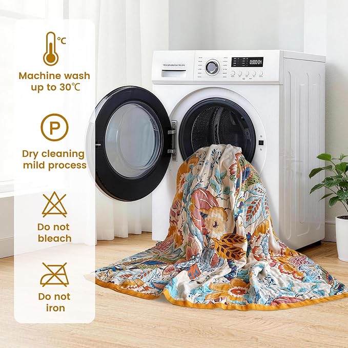 MSGKV Boho Throw Blanket 50"x60" Floral Cotton Blanket for Couch Sofa Spring Breathable Lightweight Farmhouse Blankets Home Decor Muslin All Seasons