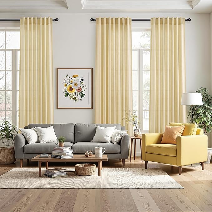Nanspring Cream Yellow Linen Curtains 102 Inches Long for Living Room Light Filtering Modern Farmhouse Sheer Curtains Back Tab and Rod Pocket Curtain for Bedroom Office 52x102, 2 Panels