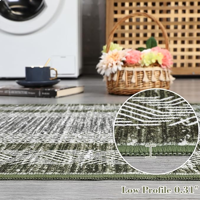 GarveeHome Modern Geometric Area Rug 2x3 Distressed Bordered Washable Non Slip Floor Small Carpet Non Shedding Thin Soft Low Pile Rug, Contemporary Green Rug for Dining Room, Living Room