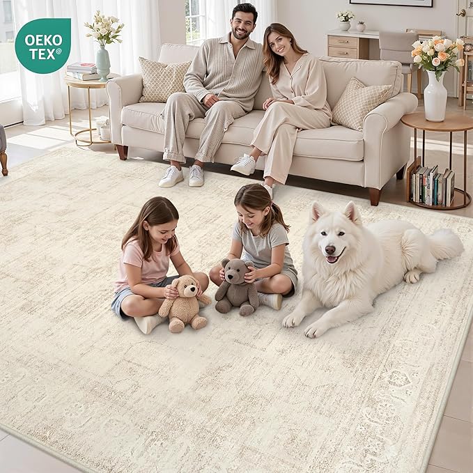 5x7 Area Rugs for Living Room: Vintage Boho Neutral Washable Rug Indoor Soft Large Area Rug Carpet for Bedroom Nursery Farmhouse Dining Room Office Floor Non-Slip Low Pile Under Table Rug Dark Beige