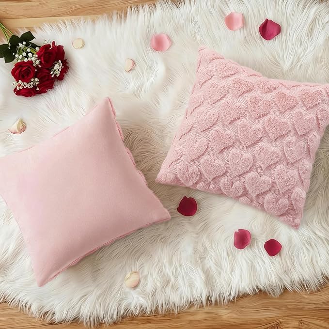 decorUhome Valentine’s Day Soft Plush Throw Pillow Covers 20x20 Inch Set of 2, Faux Fur Pink Heart Decoration Neutral Square Pillow Covers for Couch Sofa Bed Cozy Farmhouse Holiday Decor