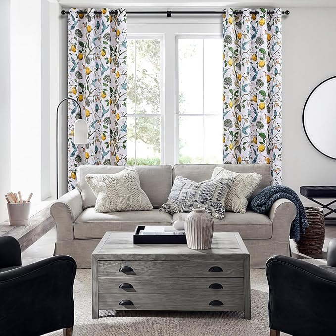 Topfinel 54 Inches Long Short White Blackout Curtains for Cafe Kitchen, Grommet Room Darkening Luxury Floral Lemon Hummingbird Patterned Waverly Colorful Drapes for Living Room Bedroom
