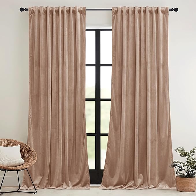 RYB HOME Back Tab Velvet Curtains with Hook Tape, Thermal Insulated Privacy Protect Decorative Drapes for Living Room Dining Room, Blush, W 52 x L 90 inches, 2 Panels Set
