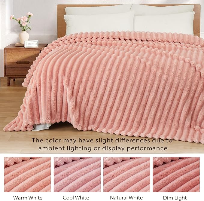Exclusivo Mezcla Twin Size Flannel Fleece Blanket, Super Soft Striped Jacquard Bed Blanket, Lightweight Fuzzy Cozy for All Seasons, 60x80 Inches, Pink
