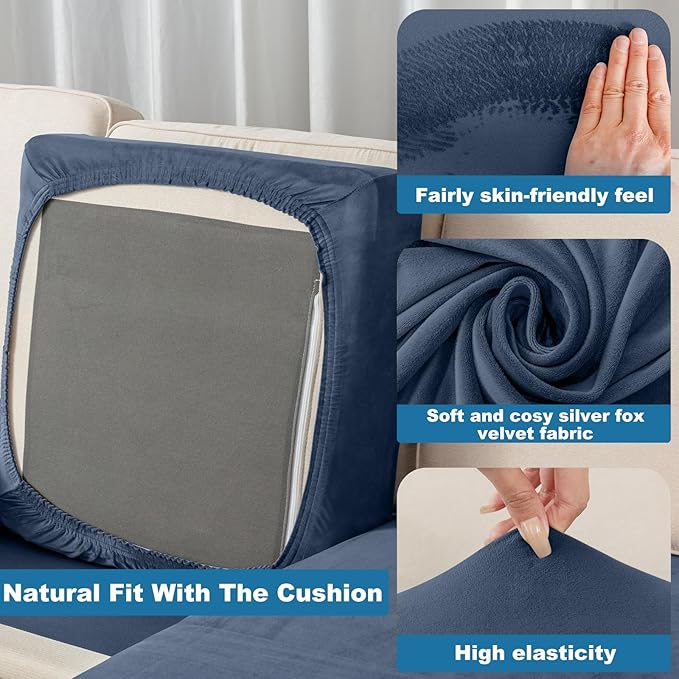 Couch Cover 3-Piece Elastic Velvet Couch Cushion Covers & Chaise Slipcovers for L-Shaped Sofas, Sofa Seat Covers Washable, Soft Cover for Couches (2 Seater + Chaise, Berlin Blue)