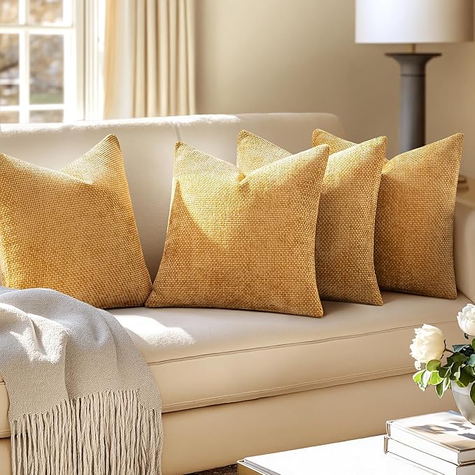 MIULEE Pack of 4 Couch Throw Pillow Covers 18x18 Inch Gold Soft Decorative Chenille Pillow Covers Farmhouse Accent Cushion Covers for Boho Spring Home Decor Sofa Bedroom Living Room