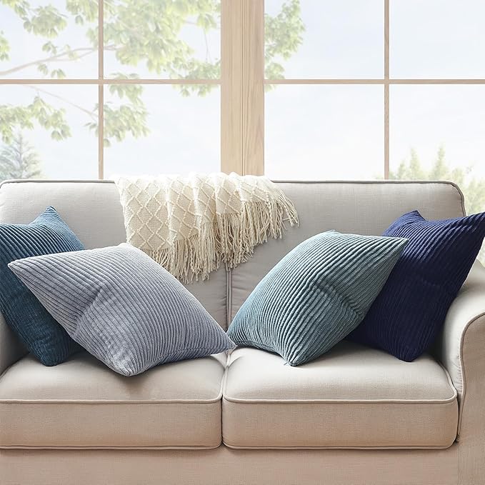 Topfinel Decorative Throw Pillow Covers Dark Blue Navy Series,Summer Corduroy Striped Toss Pillows for Couch,Patio,Balcony,Children Bedroom,Modern Fluffy Green Gradient Shams 20x20 Inch Set of 4