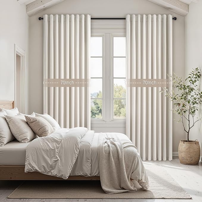 Extra Wide 70 Inch Length Blackout Curtains & Drapes 92 Inches Long 2 Panels Set for Sliding Glass Doors Modern Pleated Linen Blend Heavy Floor to Ceiling Large Window Drapes(70"Wx92"Lx 2 Birch)