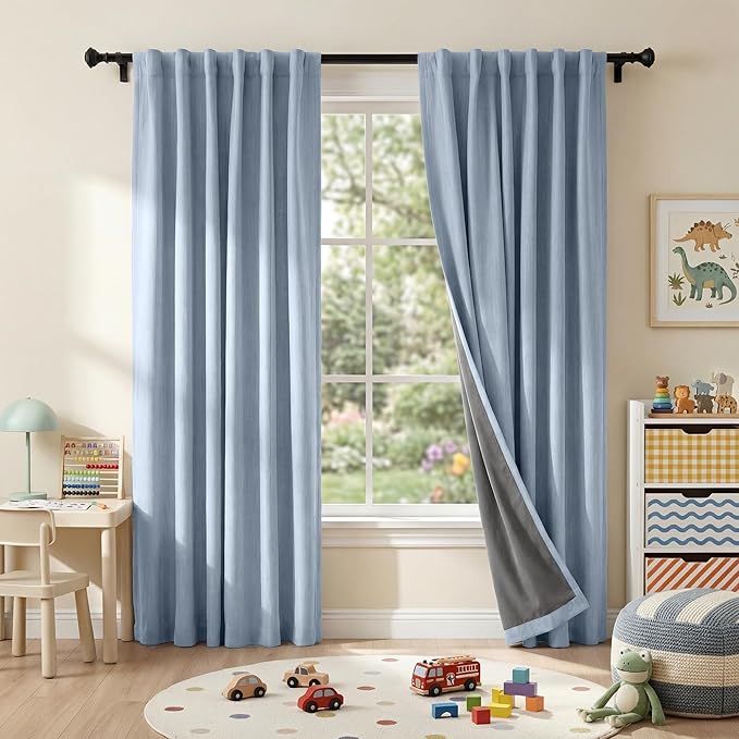 RYB HOME Smoky Blue 100% Blackout Curtains for Bedroom 102 inch Long 52 inch Wide, Linen Blackout Curtains Privacy Protection& Thermal Insulated for Sliding Door/Living Room, 2 Panels