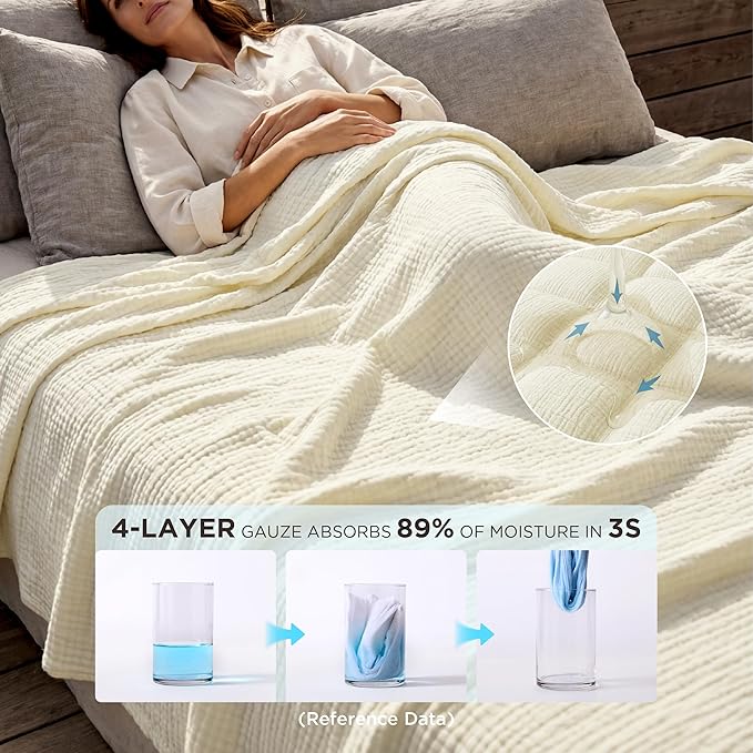 Bedsure 100% Cotton Muslin Blanket Queen Size for Bed - 4-Layer Breathable and Lightweight Thin Soft Summer Gauze Muslin Blankets for Adults, Cream, 90x90 Inches