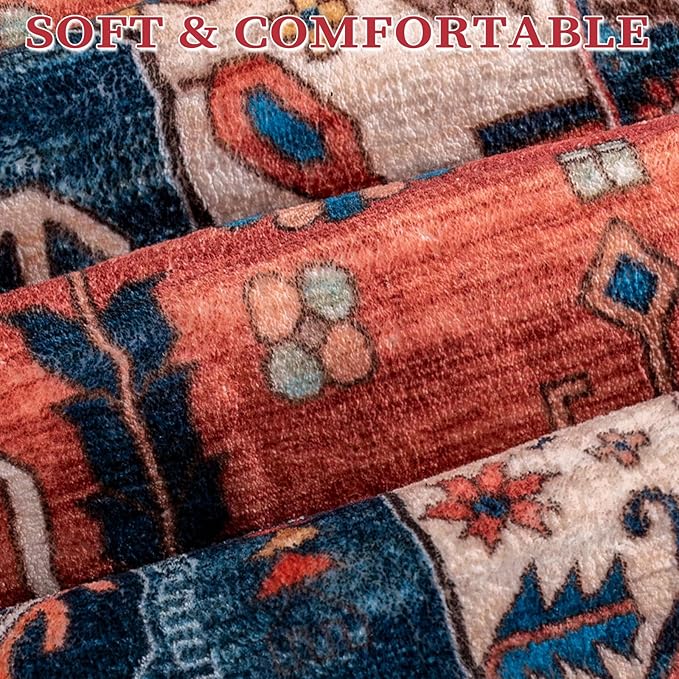 SERISSA Washable Rugs 6x9 Area Rugs, Large Non-Slip Boho Living Room Rust Rug, Ultra Soft Vintage Print Distressed Oriental Tribal Farmhouse Carpet for Dining Room Bedroom Dorm Office Home Decor