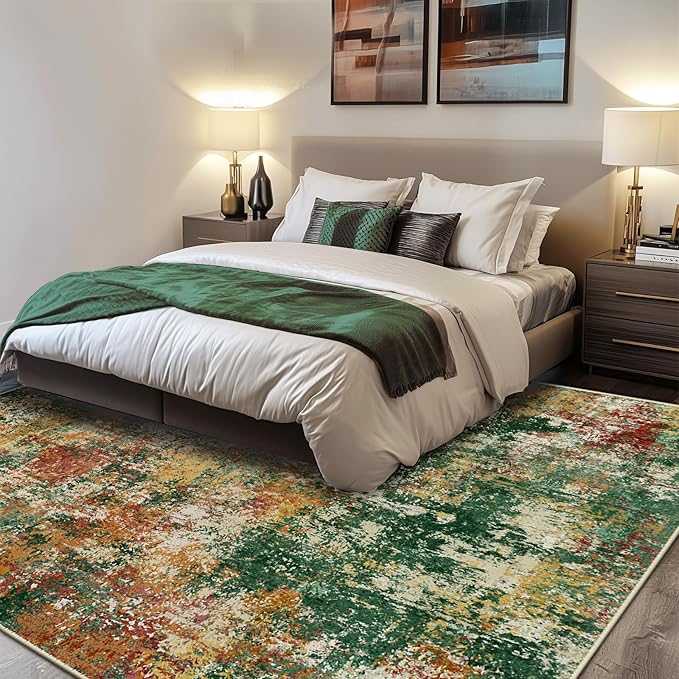 Washable Area Rugs Square 8ft Non-Slip Modern Abstract Soft for Living Room Entryway Bedroom Nursery, Print Pattern, Green Orange Rust Red Cream Colorful