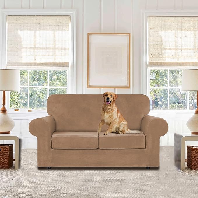 WEERRW Velvet Couch Covers for 2 Cushion Couch Sofa - High Stretch Luxury Velvet Plush 3 Pieces Sofa Slipcovers with Elastic Bottom, Furniture Protector for Pets, Machine Washable, Camel, Medium