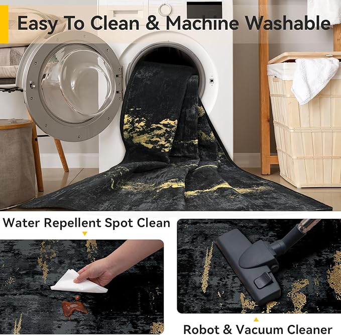 Washable Area Rugs 2'x8' Non-Slip Modern Abstract Soft for Living Room Entryway Bedroom Nursery, Print Pattern, Dark Black Gold