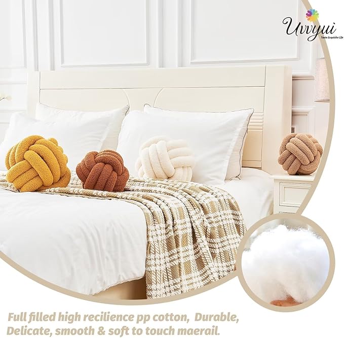 Uvvyui Knot Pillow Ball, Soft Home Decorative Round Throw Pillow, Handmade Knotted Plush Pillow, Round Boucle Pillow Cushion (8.6 Inches Beige)