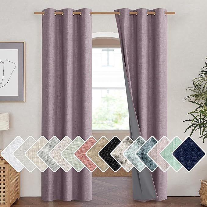 NICETOWN Chaise Mauve Vintage Linen 100% Blackout Curtains for Living Room, Thermal Insulated Curtains 90" Long, Noise Reducing Window Treatment Drapes for Hall Room, 42" Wide Per Panel, Set of 2