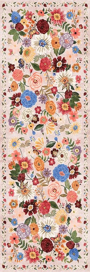 Rug for Hallways Kitchen Rug 2'6" x 14', Non Slip Washable Rugs with Rubber Backing Soft Floral Carpet Runner for Hallways, Kitchen, Laundry, Bedroom, Bathroom(2.6 x 14, Beige Garden)