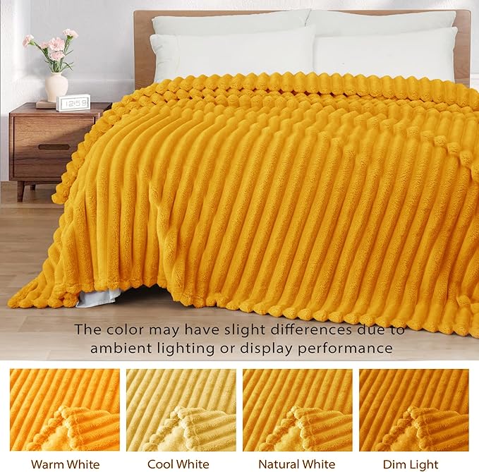 Exclusivo Mezcla King Size Flannel Fleece Blanket, Super Soft Striped Jacquard Bed Blanket, Lightweight Fuzzy Cozy for All Seasons, 90x104 Inches, Mustard Yellow