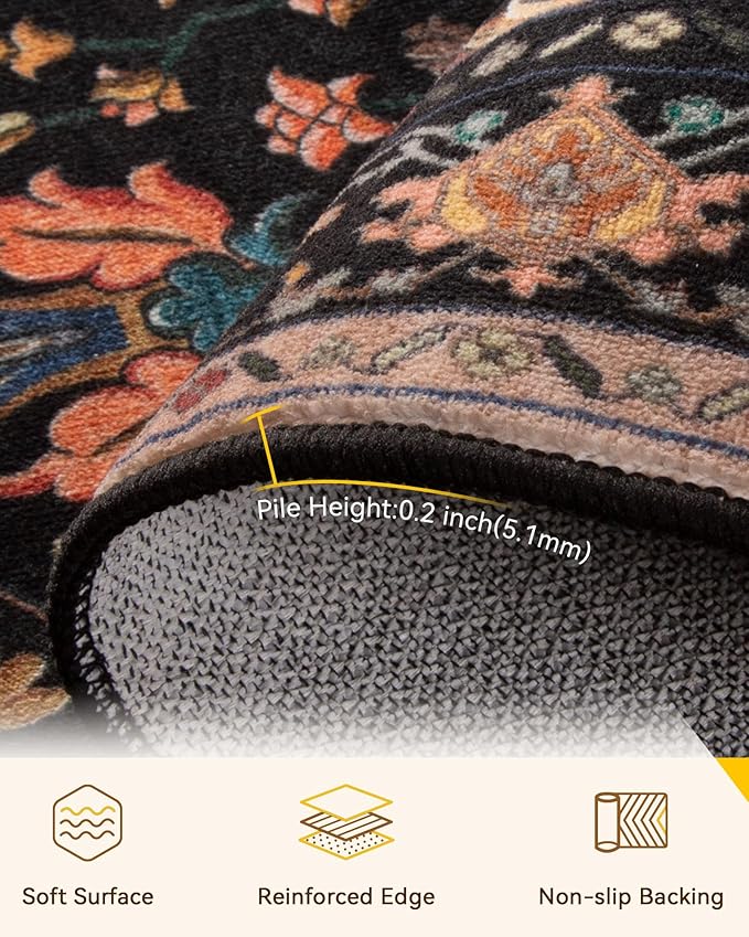 Area Rugs 2'6''x4' Kitchen Rugs Entry Rug Small Rugs for Entryway Kitchen Bathroom Door Mat Indoor Entrance,Washable Non Slip, Black Colorful Floral Dark Tan
