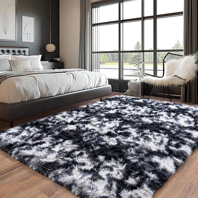 Pionblank Large Rug for Living Room 6x9 Feet, Modern Soft Shag Area Rug, Plush Fuzzy Carpet for Bedroom Girls Boys Room Home Nursery Teens Dorm Decor, Black White