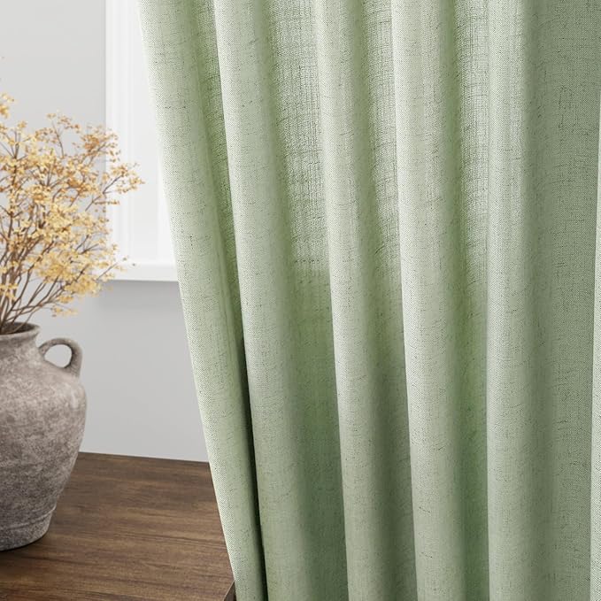 Mist Sage Linen Curtains 90 Inch Long 2 Panels Set for Bedroom Living Room Linen Textured Window Drapes Semi Sheer Light Filtering Rod Pocket Back Tab Cotton Textured Farmhouse Curtain 52x90
