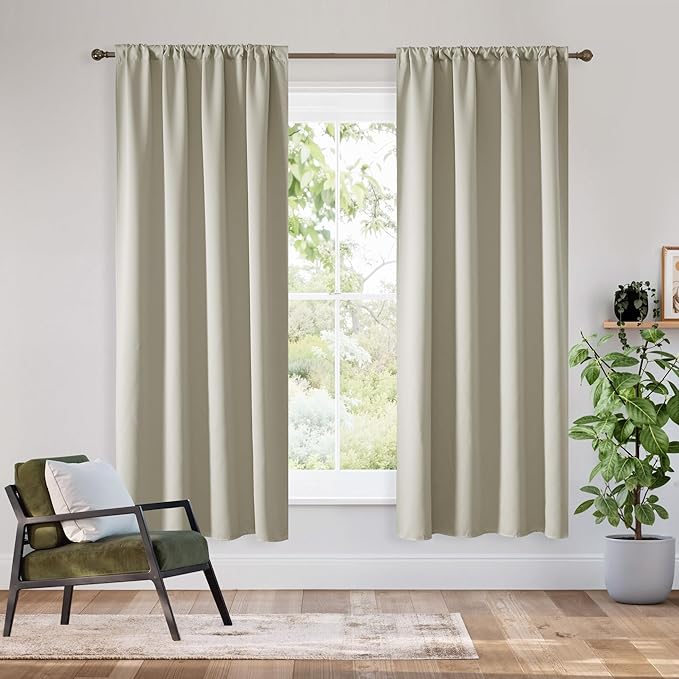 RYB HOME Bedroom Blackout Curtains 72 inches Long, 100% Blackout Thermal Insulated Noise Reducing Curtains for Living Room Nursury, 62 inches Wide by 72 inches Long, Natural