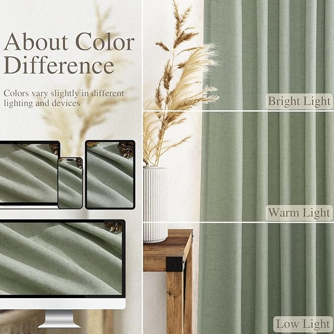 Desert Sage Linen 112 Inch Curtains for Living Room Light Filtering Semi Sheer Curtain Back Tab Rustic Farmhouse Decor Elegant Drapes Floor to Ceiling High Window for Bedroom 52x112, 2 Panels