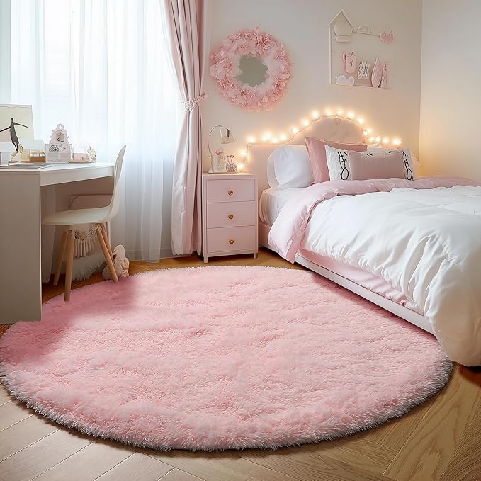 ONASAR Light Pink Round Area Rugs 6ft for Bedroom Living Room, Fluffy Circle Rug for Kids Girls Boys Teen, Soft Plush Shaggy Carpet for Nursery Dorm Classroom Playroom Home Decor Aesthetic