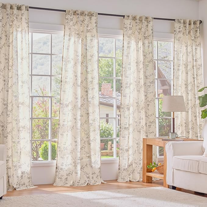 Lazzzy Grey Floral Linen Curtains 90 Inch Farmhouse Back Tab Drapes for Living Room Bedroom Light Filtering Vintage Grandmillennial Rod Pocket Curtains, 2 Panels, W38 x L90, Grey on Beige