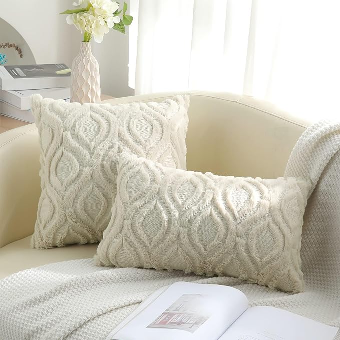 decorUhome Throw Pillow Covers 24x24 Inch Set of 2, Soft Plush Faux Wool Beige Solid Couch Pillow Covers, Accent Euro Sham Farmhouse Neutral Square Pillow Cases for Sofa Bed Living Room