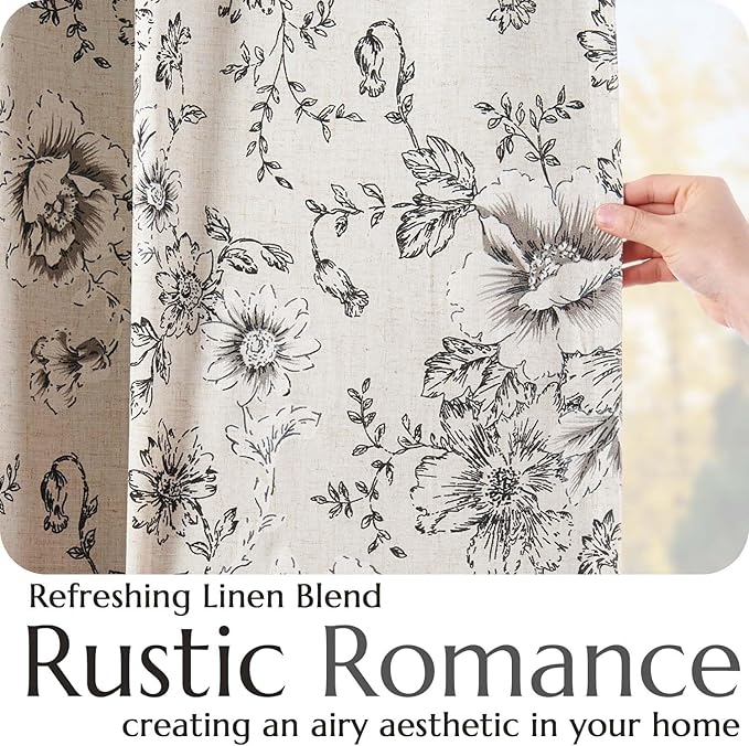 jinchan Blackout Floral Curtains for Living Room Bedroom Linen Blend Curtain Farmhouse Black Printed with Lined Back Tab Rod Pocket Drapes Window Treatments 2 Panels 63 Inch