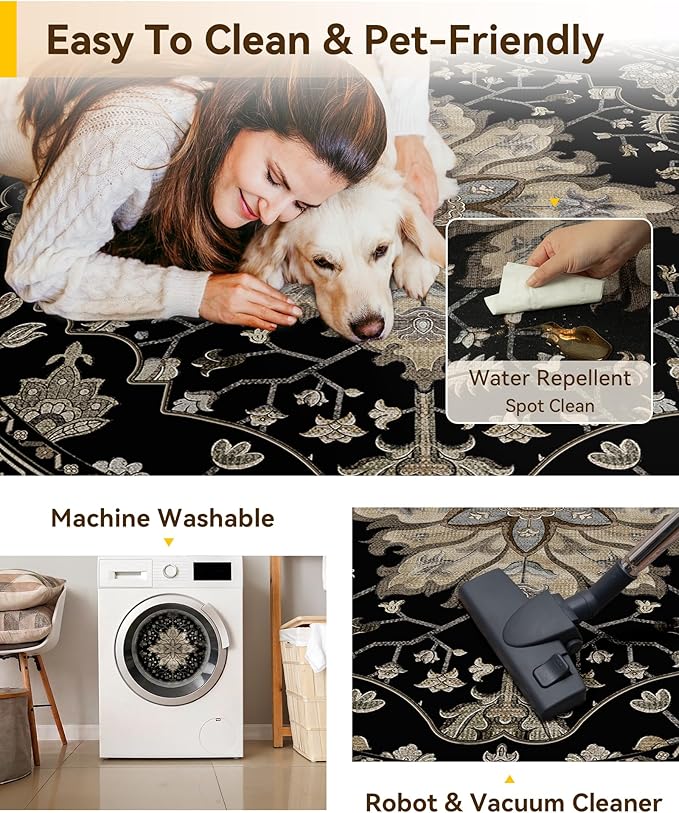 Area Rugs 8ft Washable Non-Slip, Floral Vintage Distress Print Pattern Medallion Carpet for Living Room Bedroom Dining Room, Black Brown Neutral Dark Tan