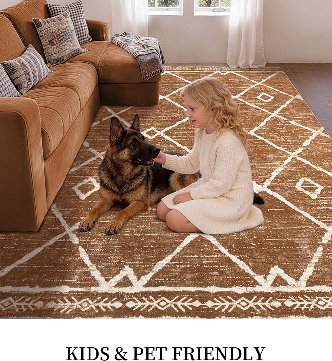 YIHOUSE Western Rugs for Living Room, 8x10 Moroccan Area Rug, Aztec Burnt Orange Large Rug, Southwestern Soft Low-Pile Washable Rugs for Bedroom, Dining Room