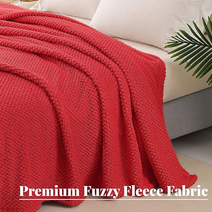 Whale Flotilla King Size Fuzzy Fleece Blanket for Bed, 90x104 Inch Fluffy Warm Soft Jacquard Blankets for All Season, Lightweight and Cozy, Red