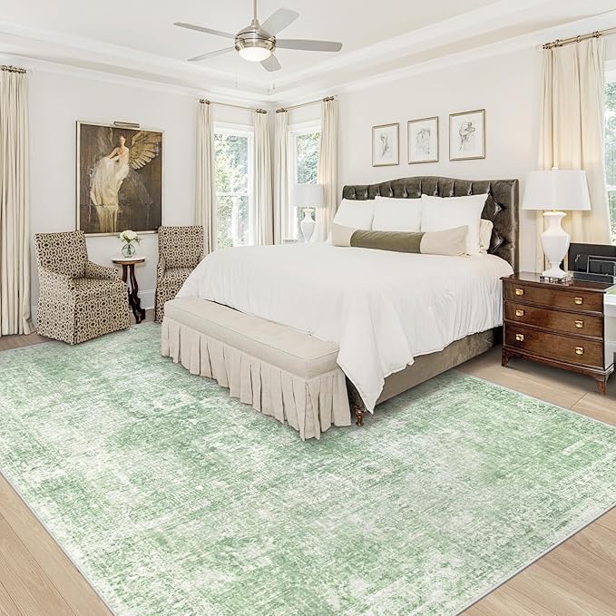 Area Rug 10x14 Washable Rug, Vintage Boho Medallion Rugs Non-Slip Soft Low Pile Large Distressed Rug Indoor Retro Carpet for Living Room Bedroom Dining Room Home Office (SageGreen, 10'x14')