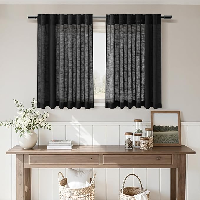 Nanspring Short Linen Curtains 36 Inch Length for Kitchen Windows Over Sink Black Privacy Back Tab and Rod Pocket Modern Neutral Curtains for Cafe Basement 30 x 36 Inch,2 Panels