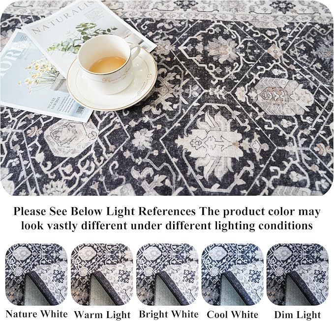 5x7 Living Room Area Rugs: Washable Non-Slip Stain Resistant Rug for Bedroom Dining Room Vintage Ultra Soft Indoor Carpet for Nursery Kitchen Farmhouse Thin Floor Mat for Home Office (5x7 Black)