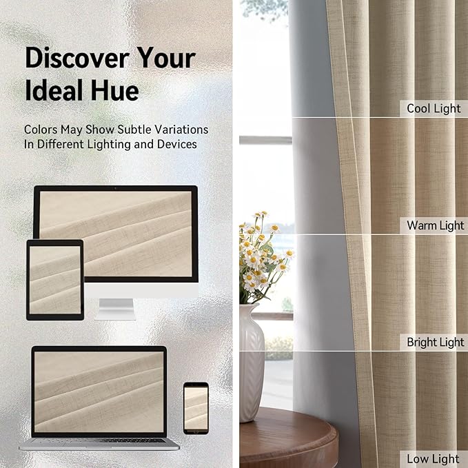 100% Blackout Shield Linen Blackout Curtains for Bedroom, Natural Flax Grommet Curtains for Living Room, Thermal Insulated Room Darkening Drapes for Nursery, Boho Home Decor, 50" W x 84" L, 2 Panels