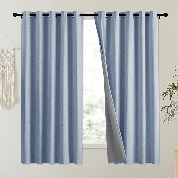 NICETOWN Stone Blue Vintage Linen 100% Blackout Curtains for Kitchen, Thermal Insulated Curtains 63" Long, Noise Reducing Window Treatment Drapes for Dorm Room, 62" Wide Per Panel, Set of 2