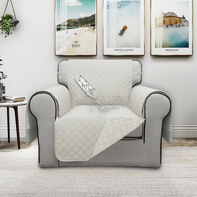 ISSUNTEX Double Protection 100% Waterproof Chair Sofa Covers for Living Room, Couch Covers for Chair Sofa, Reversible Furniture Protector Sofa Cover for Dogs, Pets, Kids (Chair, Ivory/Ivory)