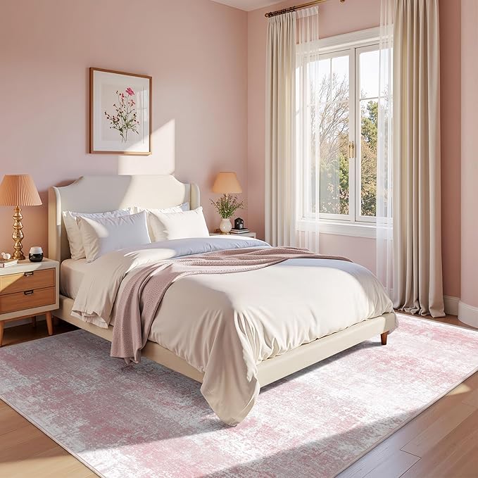 LEPEII 5x7 Area Rugs, Abstract Rugs for Living Room, Indoor Non-Slip Washable Rug for Bedroom, Dining Room, Low Pile Home Decor Neutral Area Rug-Pink/Multi