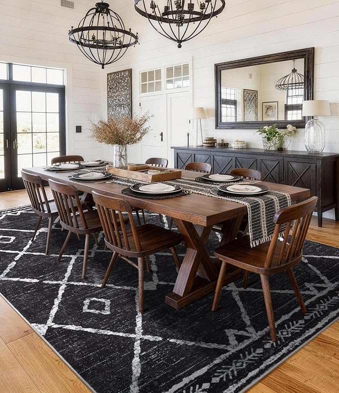 YIHOUSE Moroccan Rugs for Living Room, 6x9 Black and White Aztec Area Rug, Western Geometric Soft Low-Pile Washable Rugs for Bedroom, Dining Room