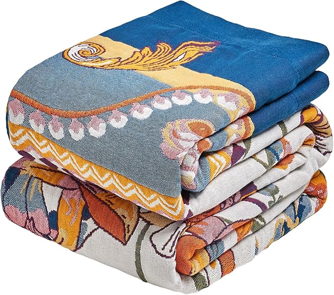 MSGKV Boho Throw Blanket 90"x90" Bed Floral 100% Cotton Blanket Spring Breathable Lightweight Queen Blankets All Seasons Home Decor Muslin