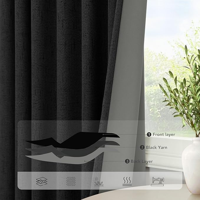 Long Black Curtains for Living Room Modern Farmhouse Linen Black Out Drapes for Bedroom Floor Length 102 Inch Curtain Panels Burg for 103 Inch Window Sound Deadening Thermal Patio Door 2 Panels 52x102