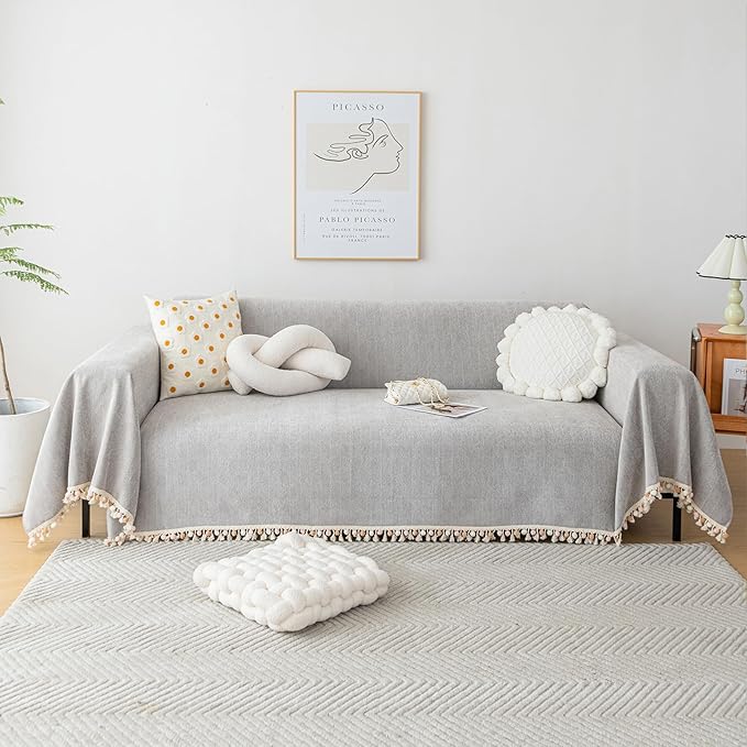HANDONTIME Grey Sofa Cover for Couch Boho Couch Cover for 3 Seat Dog Couch Cover Love Seat Couch Covers Light Grey Sectional Cover 71" X134" Tassel Chenille Herringbone Sofa Covers Washable