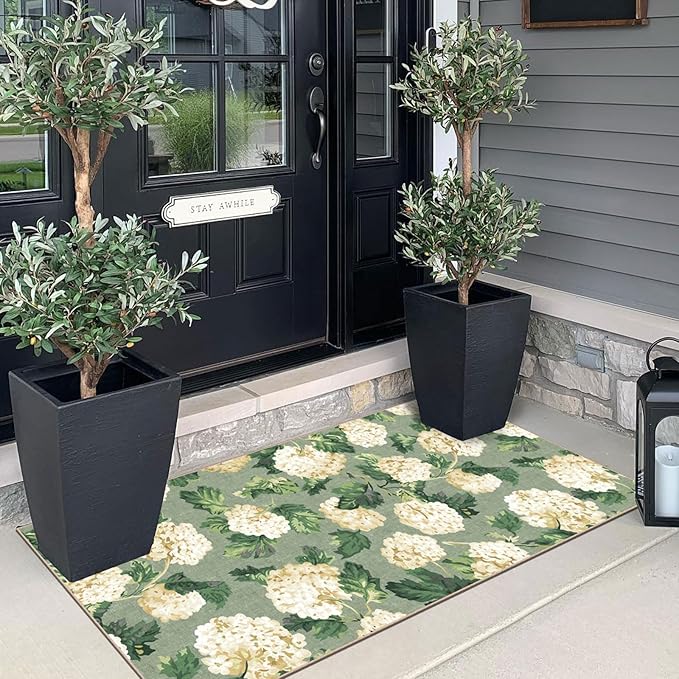 Front Door Mat Indoor Entrance - 2x4.3 Ft Spring Washable Layered Doormat Outdoor Entrance Porch Rug Non-Slip Sage Green Beige Floral Runner Rug for Kitchen Bedroom Laundry Room Porch Decor