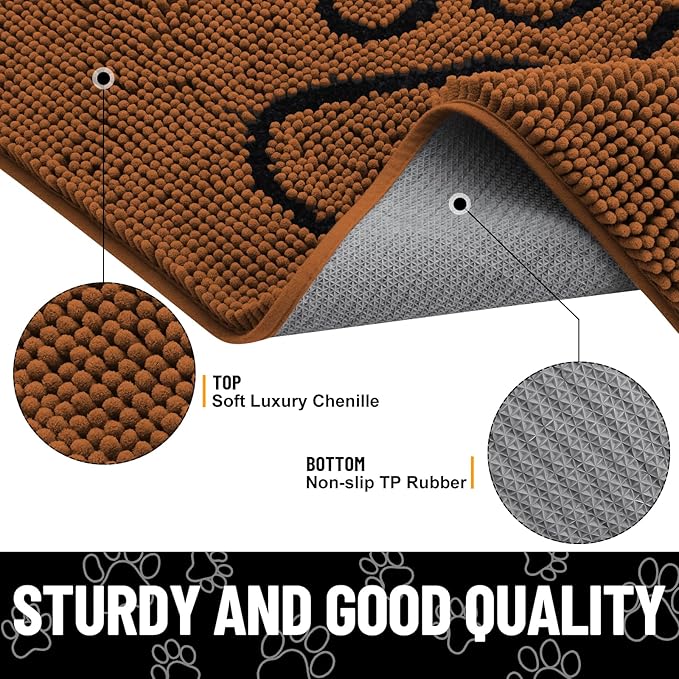 Smiry Dog Door Mat for Muddy Paws, Absorbent Dirt Trapper Non Slip Quick Dry Washable Chenille Mat for Mud Dogs, Entry Rug for Indoor and Outdoor (48x30 Inches, Ochre and Black)