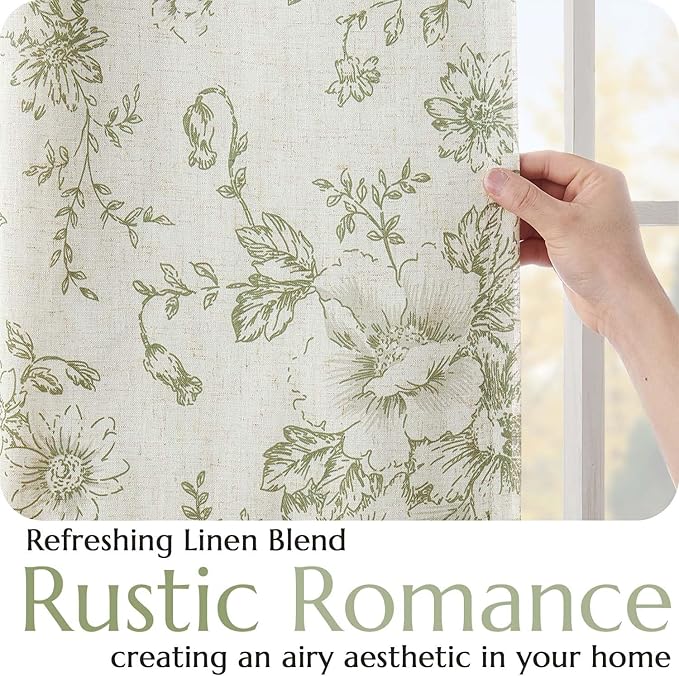 jinchan Blackout Floral Curtains for Living Room Bedroom Linen Blend Curtain Farmhouse Green Printed with Lined Back Tab Rod Pocket Drapes Window Treatments 2 Panels 63 Inch