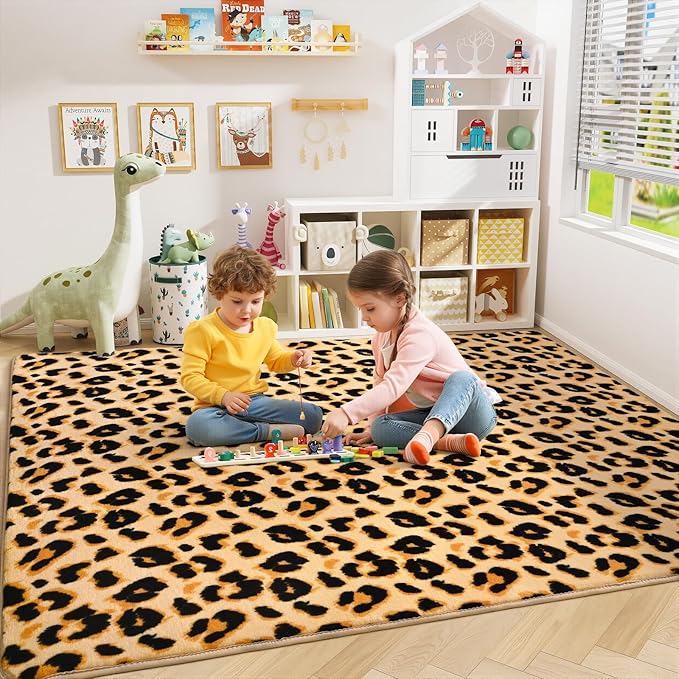 Amearea Soft Leopard Rugs for Bedroom Living Room, 6x9 Modern Cheetah Print Thickened Memory Foam Rug, Fluffy Indoor Washable Animal Rugs Carpet for Kids Boys Girls Dorm Nursery Room Decor, Khaki